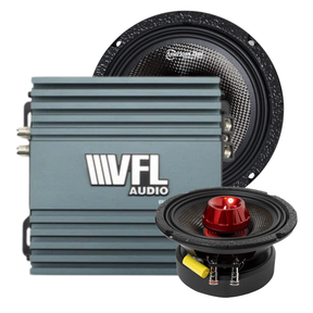 Three car audio components from American Bass Audio’s Biker Rebel Bundle—including the VFL Rebel REBEL-900.4 weatherproof amplifier in gray, two 6.5″ Biker midrange speakers (one featuring a red center and visible yellow capacitor)—are all isolated on a white background. Ideal for upgrading motorcycle audio systems.