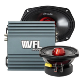 Two American Bass Audio Biker Series 6x9″ midrange speakers, featuring a bold black and red design ideal for motorcycle audio systems, and the powerful VFL Rebel REBEL-900.4 amplifier from the Biker Rebel Bundle are displayed on a pristine white background.