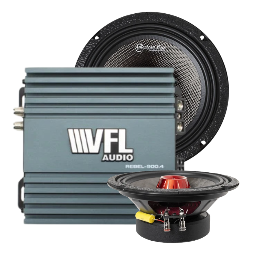 The American Bass Audio Biker Rebel Bundle, featuring two black 8″ Biker midrange speakers and a gray VFL Rebel REBEL-900.4 4-channel amplifier, is displayed together on a white background.