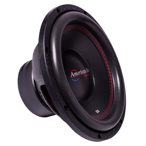 A black American Bass Audio DX 12" car subwoofer, accented with red stitching and featuring the brand's logo at the center, is shown at an angle to display part of the cone and mounting ring—an ideal component of the Ground Pound Bundle, which includes dual 12" DX subwoofers powered by a VFL Rebel REBEL-3000.1 monoblock amplifier.