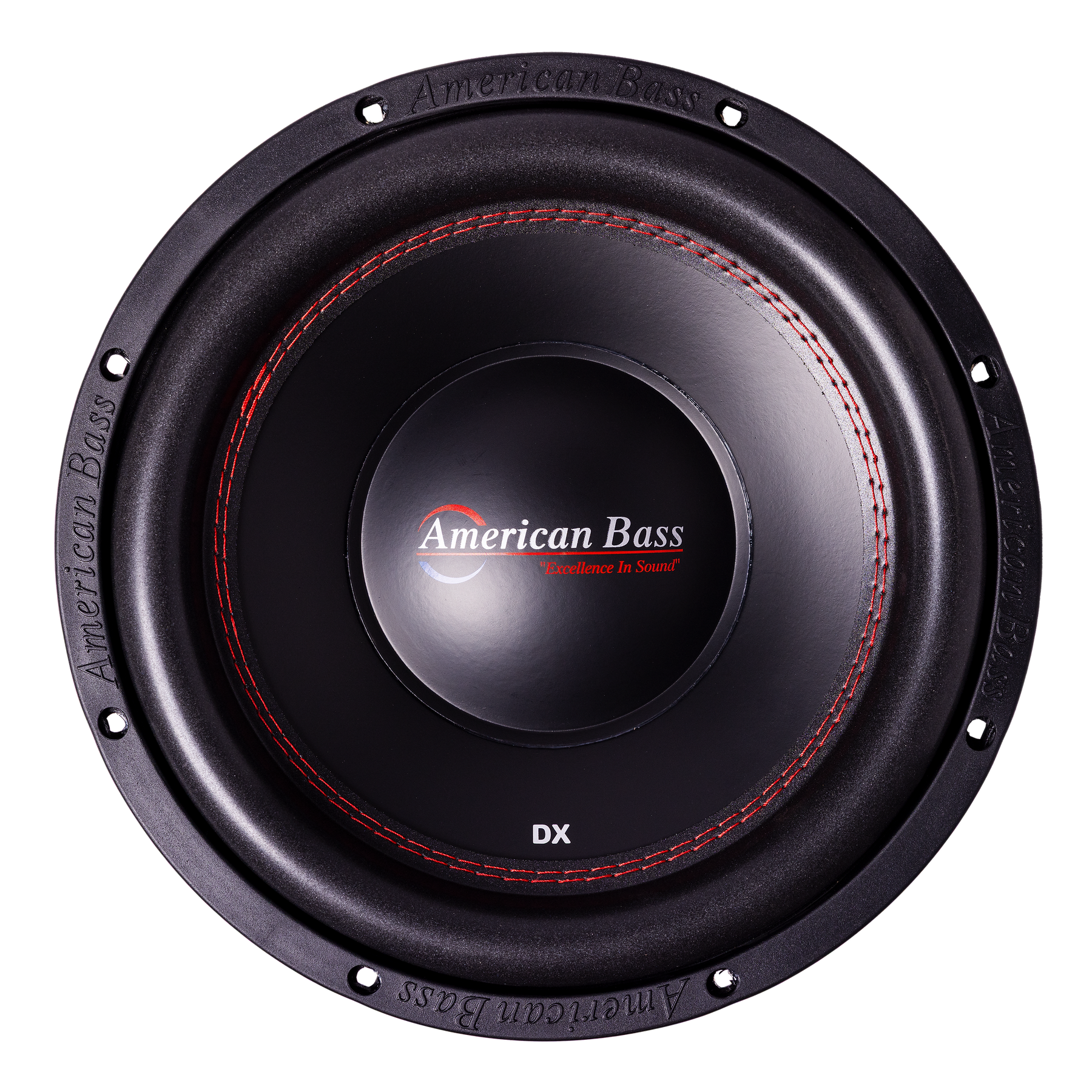 Ground Pound Bundle — 2x DX 12" Subwoofer + VFL Rebel REBEL-3000.1 Amplifier from American Bass Audio, featuring dual black DX 12" subwoofers with striking red stitching, viewed from above. The center displays the American Bass Audio logo and "Excellence in Sound" tagline, with distinctive branding around the edge. Ideal for enthusiasts seeking a powerful upgrade, this bundle combines impressive performance and bold style—perfect for pairing with a monoblock amplifier or upgrading to dual 12" subwoofers.