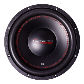 Ground Pound Bundle — 2x DX 12" Subwoofer + VFL Rebel REBEL-3000.1 Amplifier from American Bass Audio, featuring dual black DX 12" subwoofers with striking red stitching, viewed from above. The center displays the American Bass Audio logo and "Excellence in Sound" tagline, with distinctive branding around the edge. Ideal for enthusiasts seeking a powerful upgrade, this bundle combines impressive performance and bold style—perfect for pairing with a monoblock amplifier or upgrading to dual 12" subwoofers.