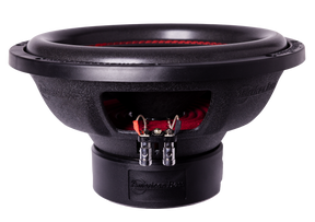 A close-up of an American Bass Audio DX 12" subwoofer from the Ground Pound Bundle, featuring striking red accents on its cone, surround, and terminal connections against a white background—an ideal match for pairing with another DX 12" subwoofer and the VFL Rebel REBEL-3000.1 amplifier.