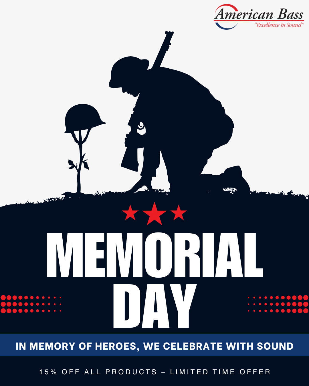 Memorial Day advertisement with silhouette of a soldier planting a flower, featuring American Bass brand.