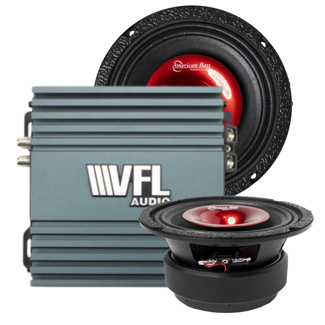 The American Bass Audio Falcon Rider Bundle features a VFL Rebel REBEL-900.4 amplifier in sleek gray, displayed beside two black and red Falcon Series 6.5″ midrange speakers—one facing forward and the other angled to showcase its side and bottom—offering a powerful car audio solution for enthusiasts seeking exceptional sound quality.