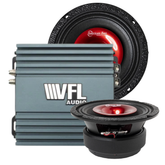 The American Bass Audio Falcon Rider Bundle features a VFL Rebel REBEL-900.4 amplifier in sleek gray, displayed beside two black and red Falcon Series 6.5″ midrange speakers—one facing forward and the other angled to showcase its side and bottom—offering a powerful car audio solution for enthusiasts seeking exceptional sound quality.