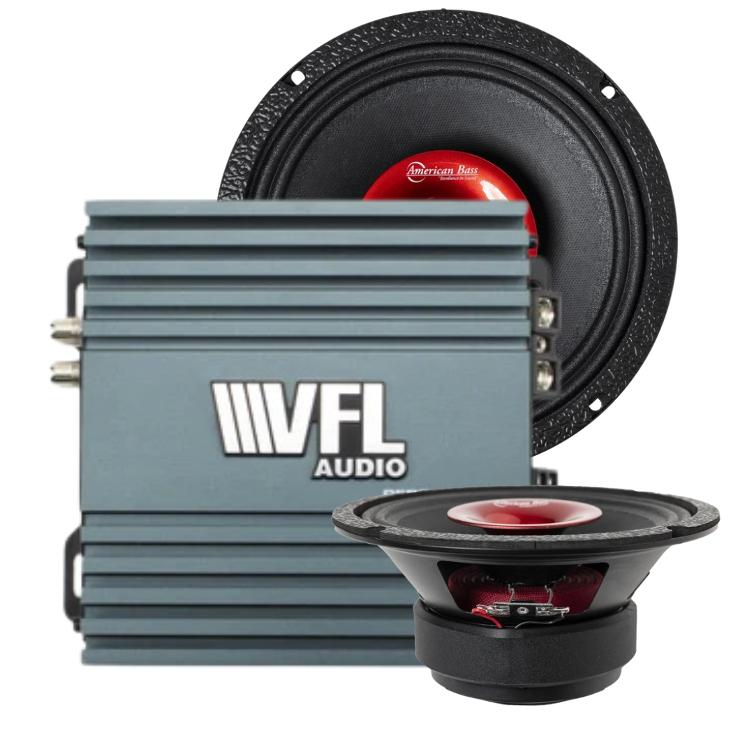 American Bass Audio’s Falcon Rider Bundle—which includes two Falcon Series 8″ midrange speakers and a VFL Rebel REBEL-900.4 amplifier—displayed against a white background, perfect for your next car audio upgrade.