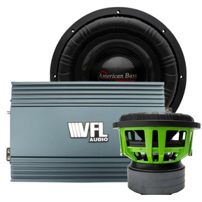The Monster Bass Bundle from American Bass Audio — featuring two Godzilla 12″ subwoofers and a VFL Rebel REBEL-8000.1 amplifier — is displayed against a white background.
