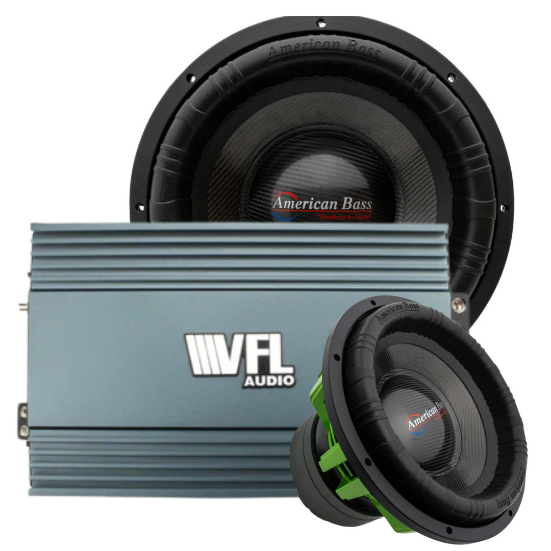 The American Bass Audio Monster Bass Bundle features two Godzilla 15″ subwoofers—one standing upright and the other tilted to highlight its bold green accent—paired with a sleek silver VFL Rebel REBEL-8000.1 amplifier, all displayed together for a powerful presentation.