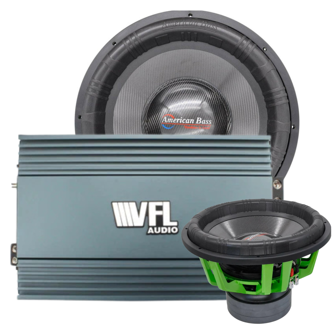 Three car audio components—the round American Bass Audio Godzilla 18″ subwoofer, the rectangular VFL Rebel REBEL-8000.1 amplifier in front, and a smaller green-rimmed subwoofer—are all arranged against a white background, showcasing the power and precision of the Monster Bass Bundle from American Bass Audio.