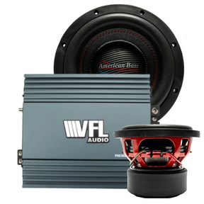 The American Bass Audio Big Bass Bundle features two HAWK 10″ subwoofers—one displayed front-facing and the other highlighting its side and back design—paired with the powerful VFL Rebel REBEL-5000.1 amplifier, making it the ideal setup for your next custom audio build.