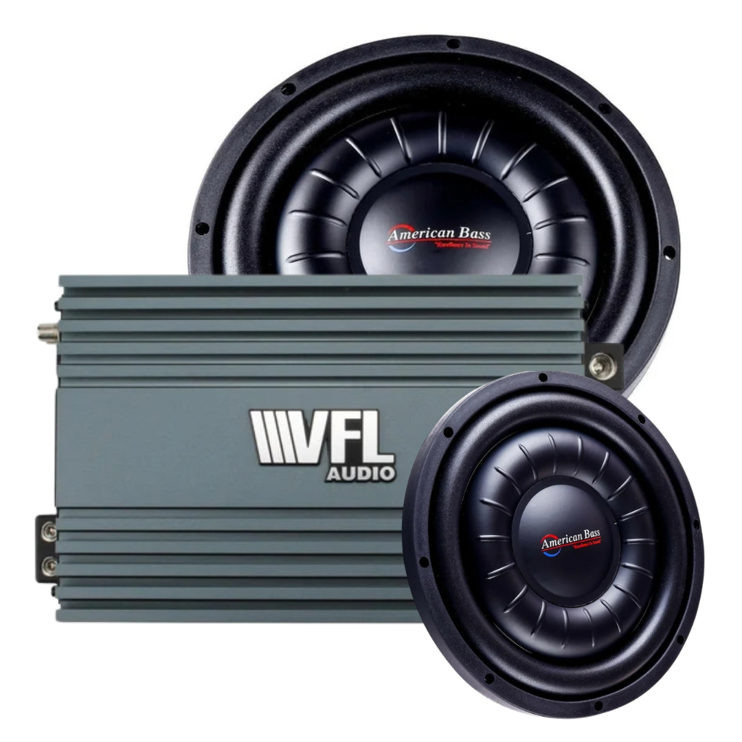 Two American Bass Audio Hawk Slim 10″ subwoofers from the Slim Rebel Bundle are displayed alongside a gray VFL Rebel REBEL-3000.1 monoblock amplifier in front of them.