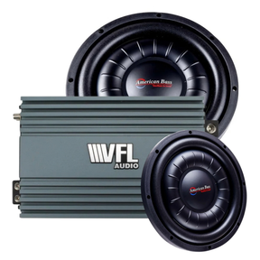 Two American Bass Audio Hawk Slim 10″ subwoofers from the Slim Rebel Bundle are displayed alongside a gray VFL Rebel REBEL-3000.1 monoblock amplifier in front of them.