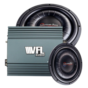 The Slim Rebel Bundle from American Bass Audio is shown, featuring two Hawk Slim 12″ subwoofers and a gray VFL Rebel REBEL-5000.1 monoblock amplifier. The amplifier is positioned in front of one subwoofer, while the second subwoofer sits to the right.