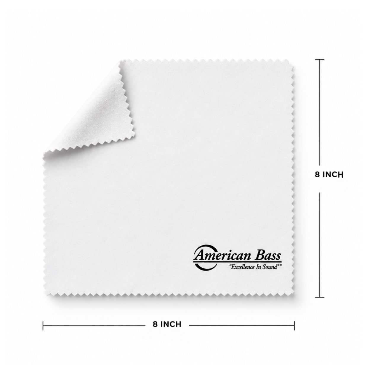 The American Bass Multipurpose Cleaning Cloth - 8″ x 8″ by American Bass Audio is a white microfiber cloth with a corner flipped up. This versatile cleaning cloth features the American Bass logo and the phrase “Excellence in Sound” printed in black text on the bottom right corner.