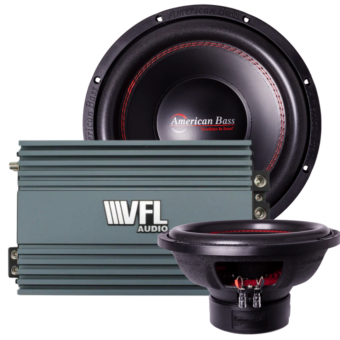 The American Bass Audio Ground Pound Bundle, featuring two DX 12" subwoofers and a gray VFL Rebel REBEL-3000.1 monoblock amplifier, is displayed against a white background.