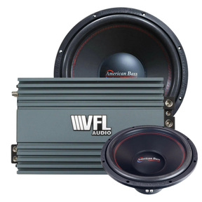 A gray American Bass Audio VFL Rebel REBEL-3000.1 monoblock amplifier is positioned next to a dual subwoofer setup featuring two round American Bass Audio XO 15″ subwoofers with black cones and red stitching—part of the Ground Pound Bundle.