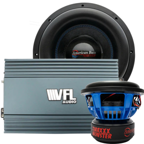 The American Bass Audio Monster Bass Bundle—featuring two XMAXXX Monster 12″ Subwoofers and a VFL REBEL-8000.1 Amplifier—arranged on a white background, is the perfect competition subwoofer bundle for powerful sound enthusiasts.