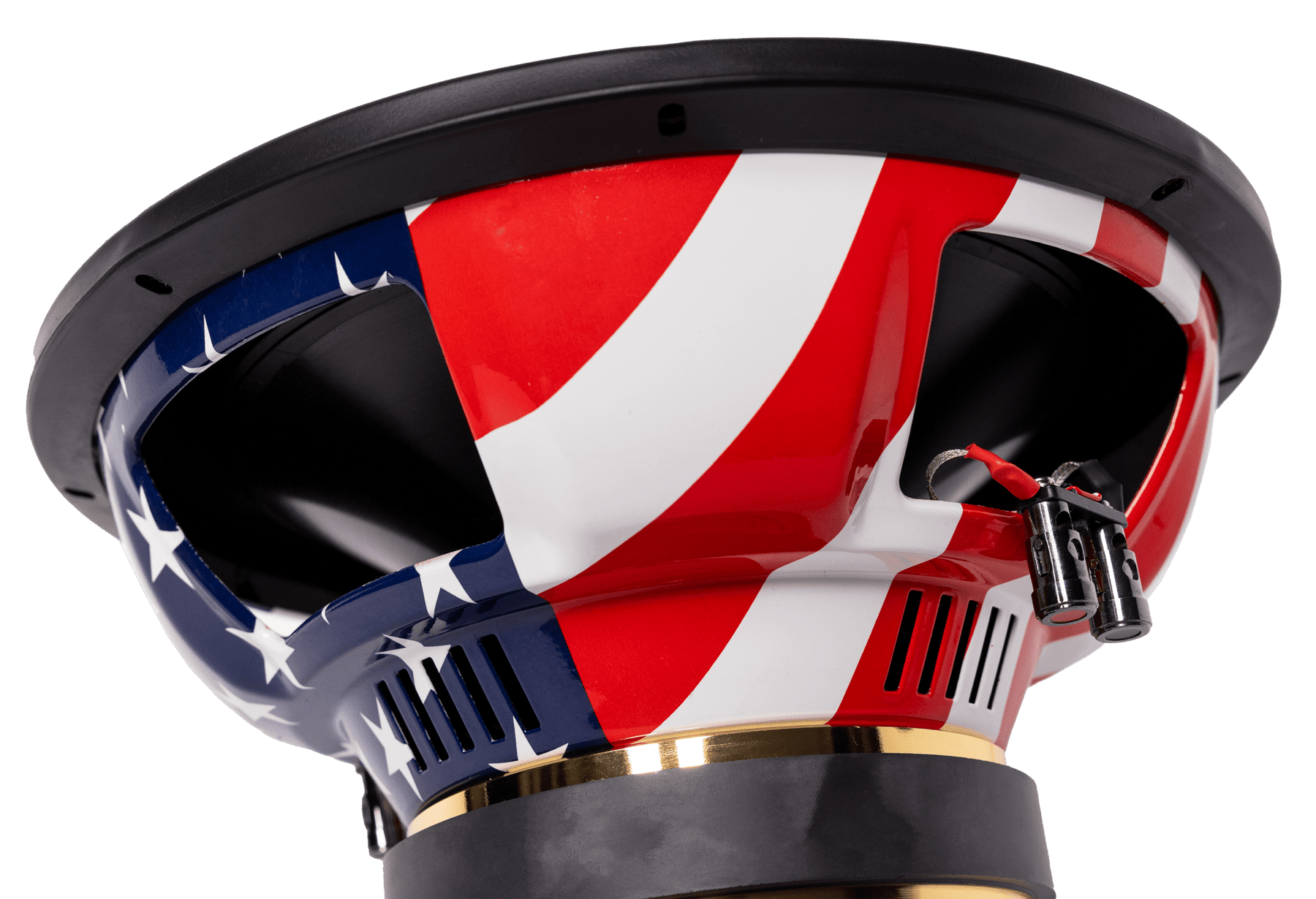 Close-up of the American Bass Patriot Series Limited 250 Edition Subwoofer featuring a glossy American flag design with red and white stripes and white stars on blue, set against a white background.