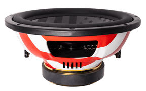The American Bass Patriot Series Limited 250 Edition Subwoofer features a red, white, and black American flag-inspired design with stars on the cone and red and white stripes on the casing.