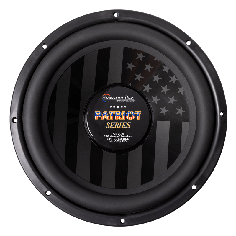 The Patriot Series Limited 250 Edition Subwoofer by American Bass is a round black subwoofer with an American flag design and center label reading "Patriot Series, 250 Limited Edition, No. 0017/250.
