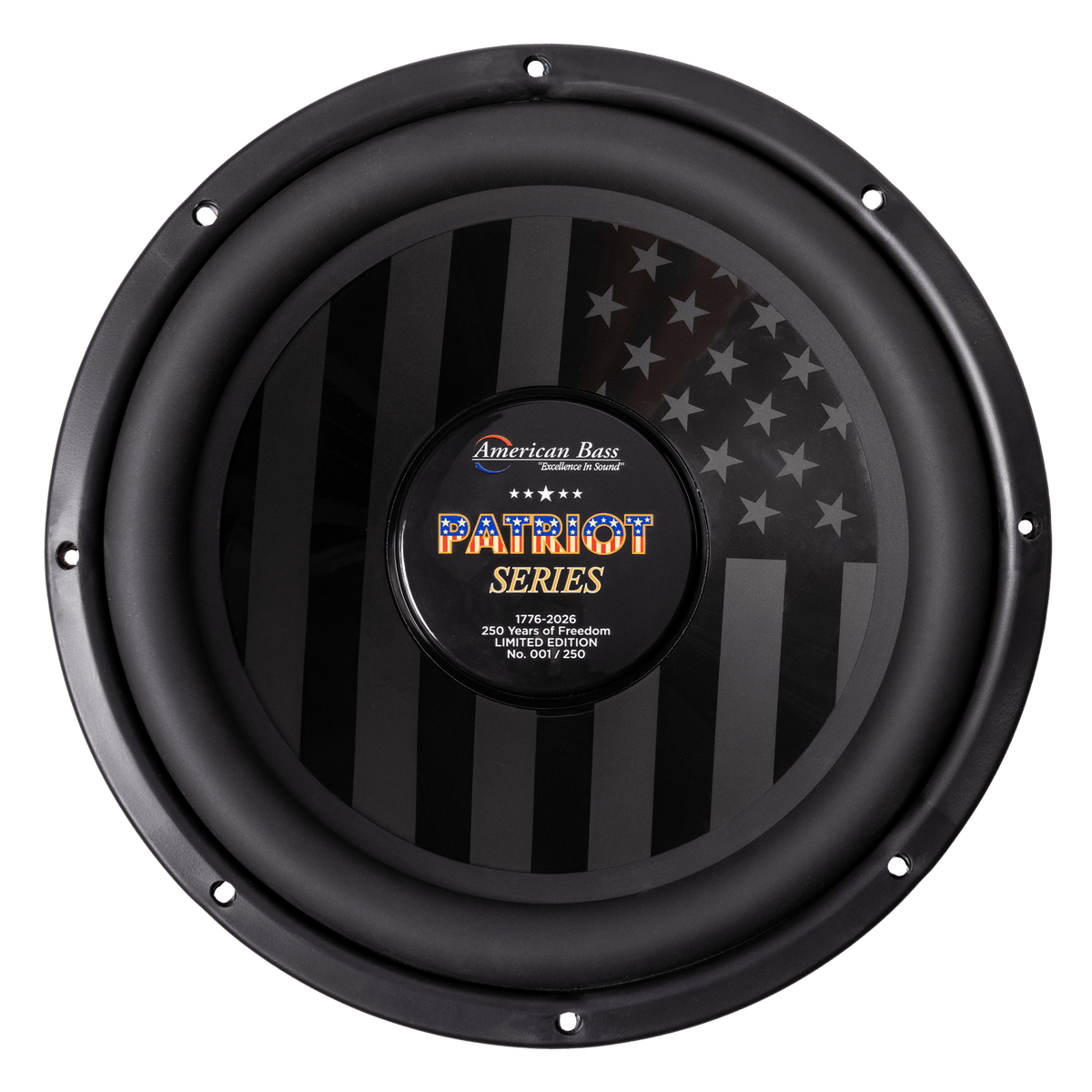The Patriot Series Limited 250 Edition Subwoofer by American Bass Audio features a black cone with a subtle American flag and a label reading "PATRIOT SERIES Limited Edition No. 0017/250," making it a must-have for collectors.