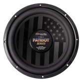 The Patriot Series Limited 250 Edition Subwoofer by American Bass is a round black subwoofer with an American flag design and center label reading "Patriot Series, 250 Limited Edition, No. 0017/250.