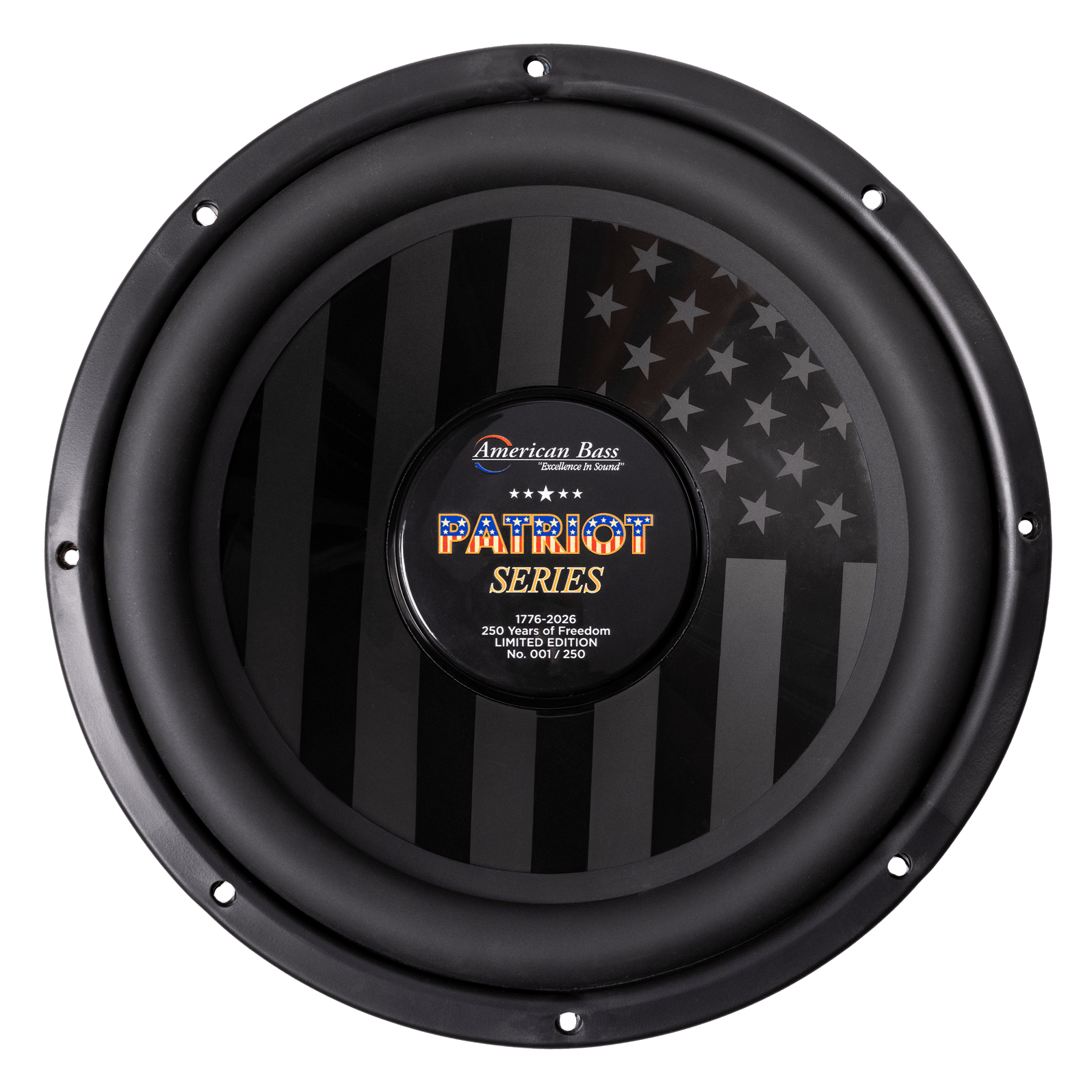 The Patriot Series Limited 250 Edition Subwoofer by American Bass is a round black subwoofer with an American flag design and center label reading "Patriot Series, 250 Limited Edition, No. 0017/250.