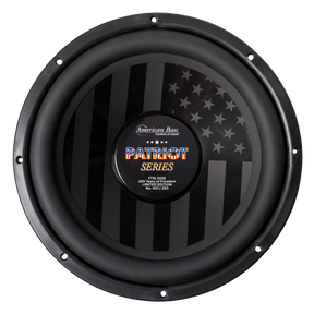 The Patriot Series Limited 250 Edition Subwoofer by American Bass is a round black subwoofer with an American flag design and center label reading "Patriot Series, 250 Limited Edition, No. 0017/250.