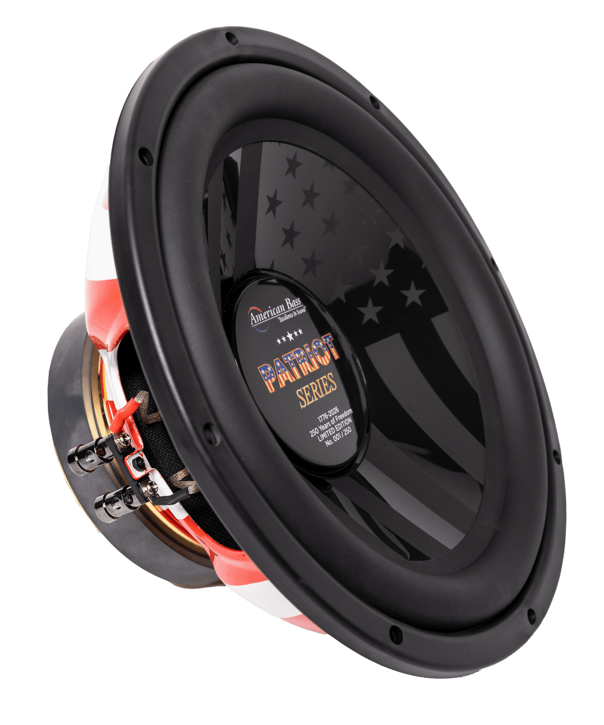 A black American Bass Audio Patriot Series Limited 250 Edition Subwoofer with a glossy cone, subtle American flag design, and red, white & blue rim. Brand and model details appear on the center label.