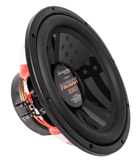 A close-up of the American Bass Patriot Series Limited 250 Edition Subwoofer shows its black cone with a subtle American flag design, product label at the center, and frame accents in red, white, and blue.