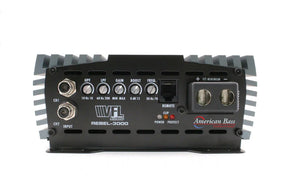 Front view of the American Bass Audio VFL Rebel REBEL-3000.1 amplifier, featuring input/output ports, control knobs, clearly labeled switches, and the American Bass Audio logo on the right—ideal for powering both DX 12" subwoofers included in the Ground Pound Bundle.