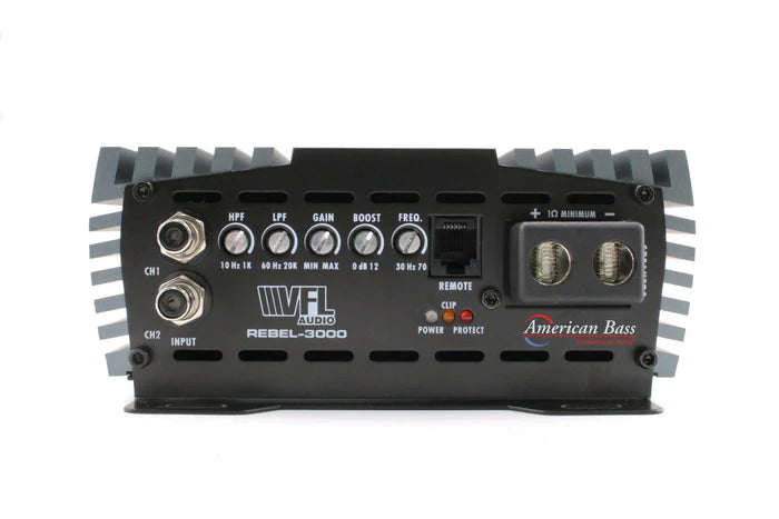 Front view of the American Bass Audio VFL Rebel REBEL-3000.1 amplifier, featuring input/output ports, control knobs, clearly labeled switches, and the American Bass Audio logo on the right—ideal for powering both DX 12" subwoofers included in the Ground Pound Bundle.