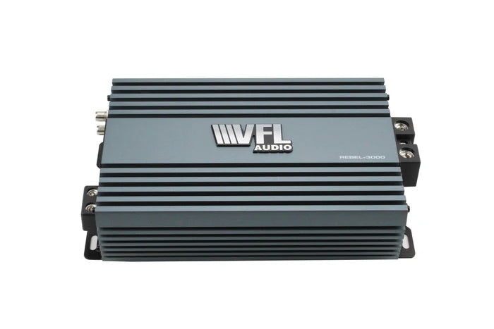 A grey American Bass Audio Ground Pound Bundle VFL Rebel REBEL-3000.1 car audio monoblock amplifier, featuring black ridged edges, side-mounted input/output terminals, and the VFL Audio logo displayed on top.