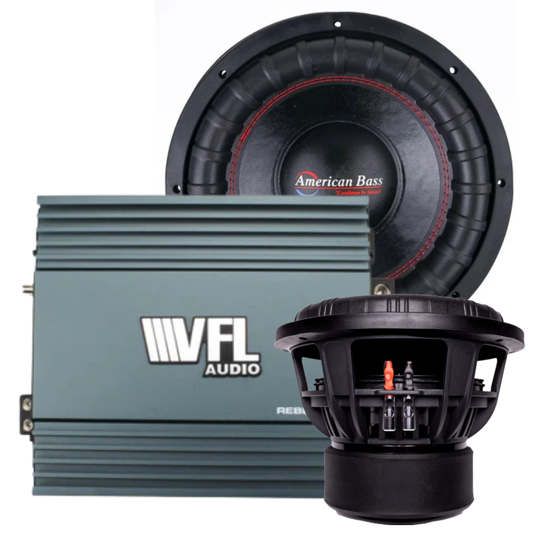 The American Bass Audio Big Bass Bundle — featuring two XFL 12″ subwoofers and a VFL REBEL-5000.1 amplifier — is arranged on a white background. The rectangular amplifier sits beside the dual 12″ subwoofer bundle, which displays both front and back views, highlighting the visible wiring terminals.