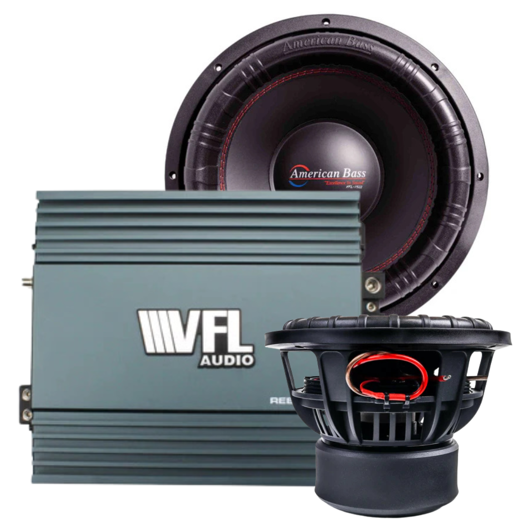 Experience the American Bass Audio Big Bass Bundle featuring two XFL 15″ subwoofers—one displayed from the front and the other highlighting its wiring and cone structure—and a powerful VFL REBEL-5000.1 amplifier, perfect for serious sound enthusiasts seeking ultimate bass performance.